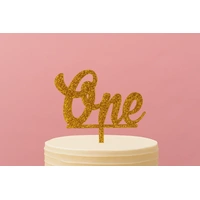 One - Acrylic Birthday Cake Topper - Gold Glitter 