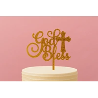 God Bless - Acrylic Cake Topper - Gold Glitter 