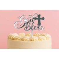 God Bless - Acrylic Cake Topper - Mirror Silver 
