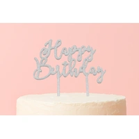 Happy Birthday - Acrylic Cake Topper - Silver Glitter 