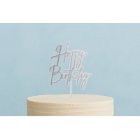 Happy Birthday White N Silver - Acrylic Cake Toppers Iconic Cake Art