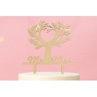 Mr And Mrs Love Heart Tree Wood Look Acrylic Engagement/Wedding Cake Topper
