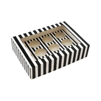 12 Holds Black & White Stripe Cupcake Box - 4 Inch Deep